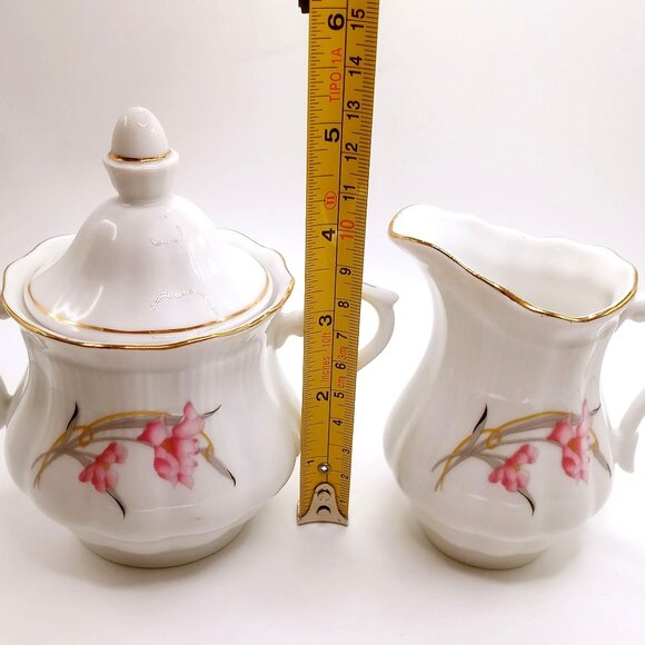 Walbrzych Poland Sugar Bowl Creamer Set Porcelain Gold Trim Floral Design VTG - Picture 11 of 12